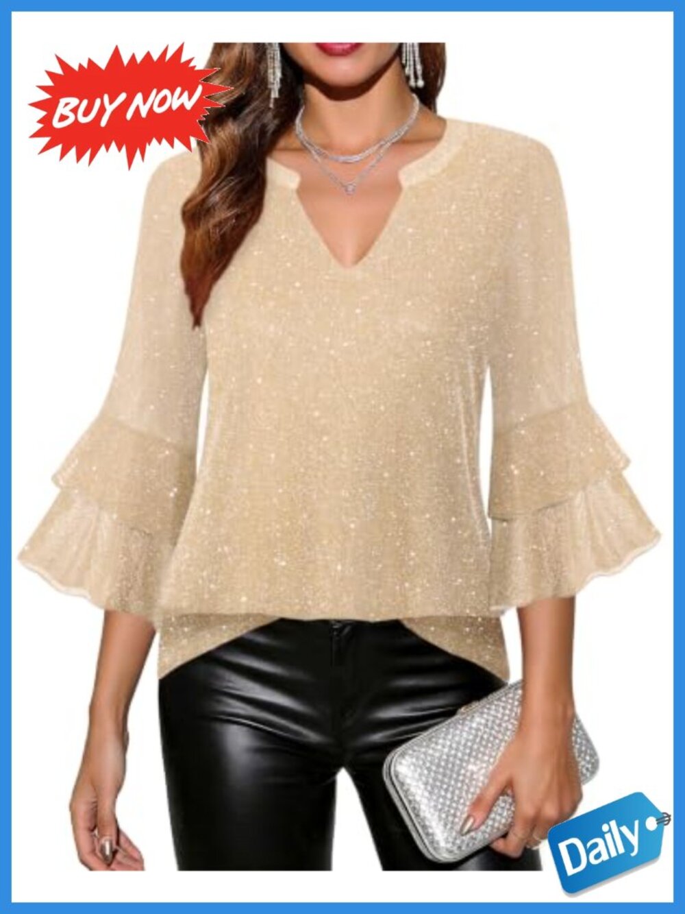 Sparkly Sequin Ruffle 3/4 Sleeve V Neck Dressy Blouse